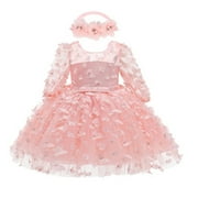 Girls Dress Long Sleeve Flower Prints Birthday Princess Dress Autumn Winter Clothes for Catwalk Performance Holiday Party Wedding Christmas(18-24 Months Pink)